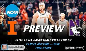 Illinois Fighting Illini vs Northwestern Wildcats basketball preview graphic with Illinois and Northwestern logos and an Illinois player in action in the background