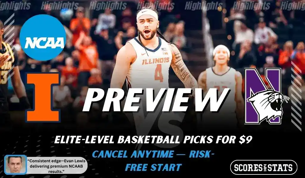 Illinois Fighting Illini vs Northwestern Wildcats basketball preview graphic with Illinois and Northwestern logos and an Illinois player in action in the background