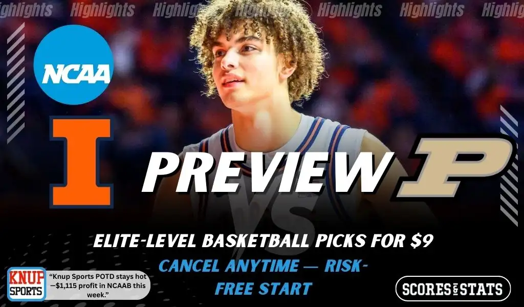 Illinois Fighting Illini vs Purdue Boilermakers preview graphic with team logos and NCAA branding promoting college basketball picks and predictions for January 24 2026