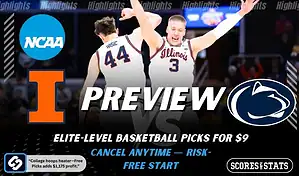 Illinois Fighting Illini vs Penn State Nittany Lions NCAA basketball preview graphic with Illinois players celebrating and team logos