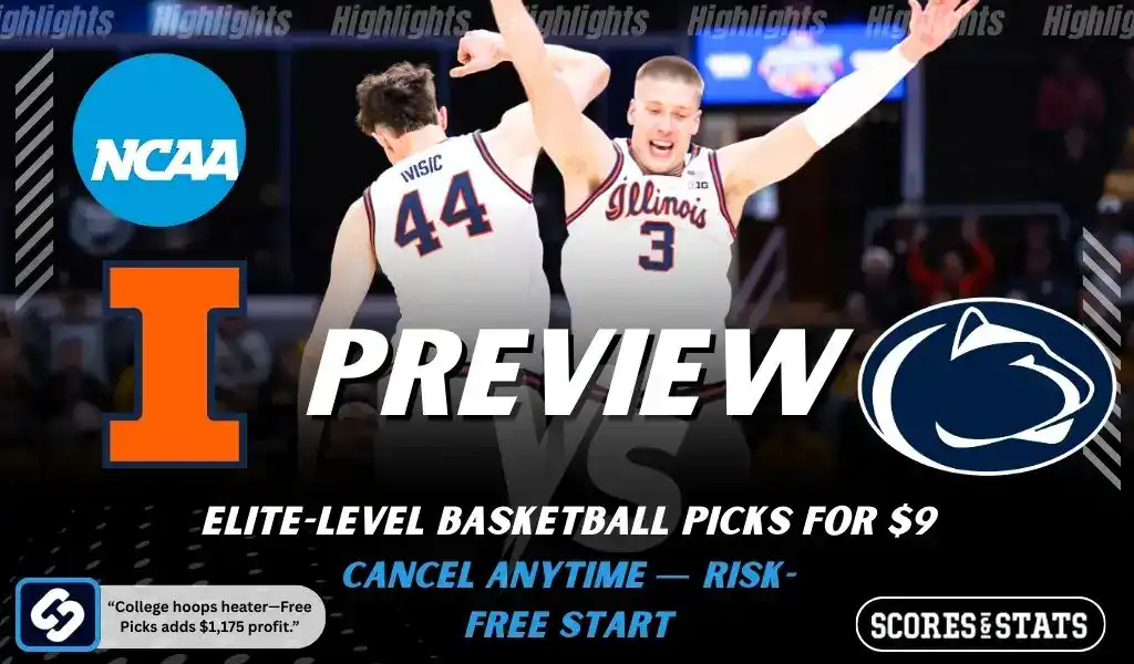 NCAAB 7 Illinois Fighting Illini vs Penn State Nittany Lions NCAA basketball preview graphic with Illinois players celebrating and team logos