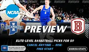 Indiana State Sycamores vs Bradley Braves college basketball preview graphic with an Indiana State player dribbling and both team logos for January 21 2026