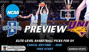 Indiana State Sycamores vs Northern Iowa Panthers NCAA basketball preview graphic with a jump shot near the basket and team logos