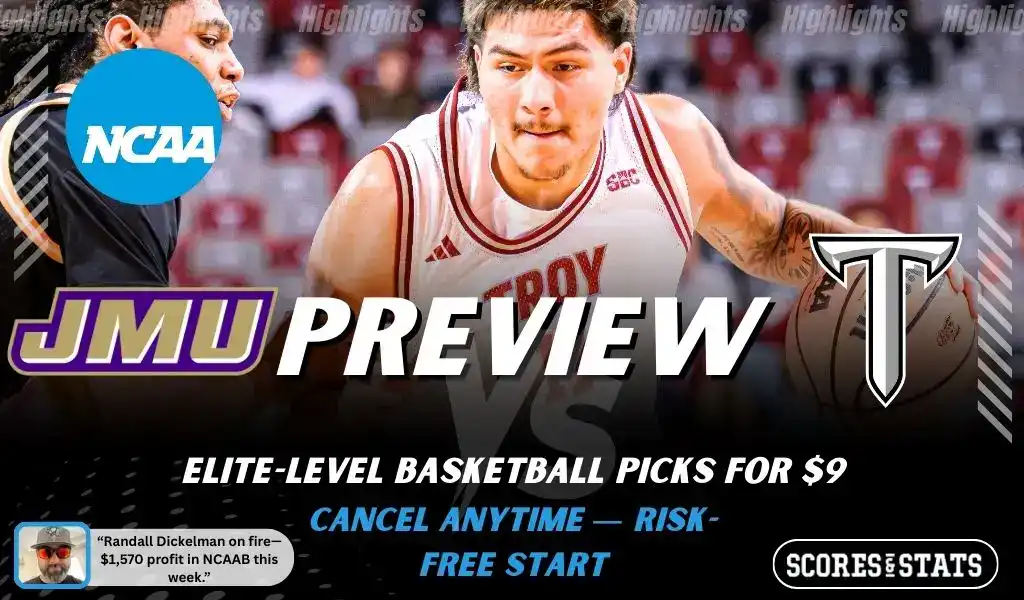 NCAA basketball preview graphic for James Madison Dukes vs Troy Trojans on January 29 2026
