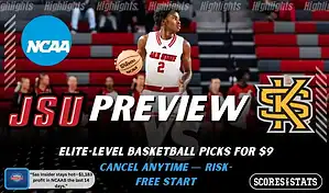 Jacksonville State Gamecocks versus Kennesaw State Owls college basketball preview graphic with team logos and Scores and Stats branding January 10 2026