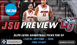 NCAA basketball preview graphic for Jacksonville State Gamecocks vs Liberty Flames with team logos players photo and the word Preview for January 4 2026