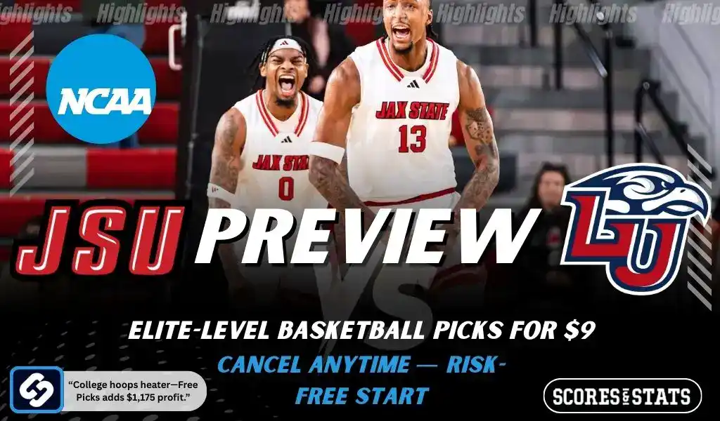 Previews 10 NCAA basketball preview graphic for Jacksonville State Gamecocks vs Liberty Flames with team logos players photo and the word Preview for January 4 2026