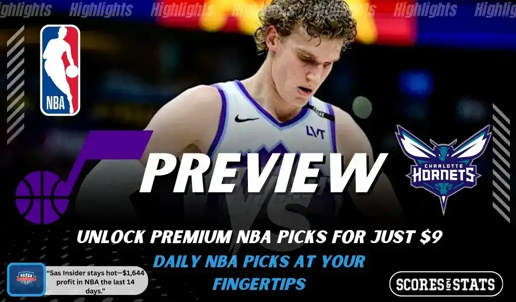 Utah Jazz versus Charlotte Hornets NBA preview graphic with team logos and Scores and Stats branding January 10 2026