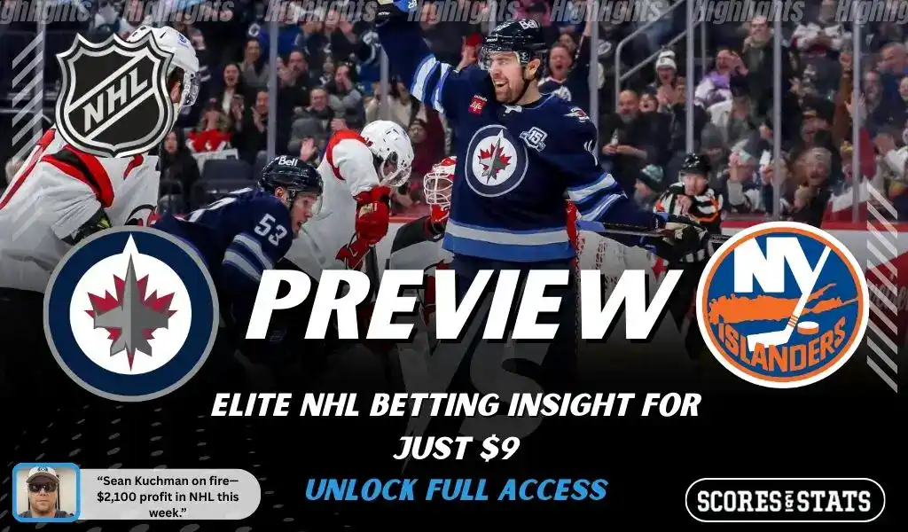 Winnipeg Jets versus New York Islanders NHL preview graphic with team logos and Scores and Stats branding January 13 2026