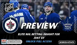 NHL preview graphic featuring Winnipeg Jets and Toronto Maple Leafs logos with Maple Leafs players on the ice and the word preview across the center
