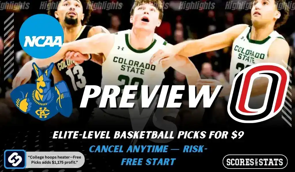 Previews 6 Kansas City Roos vs Omaha Mavericks NCAA basketball preview graphic with players fighting for position and team logos