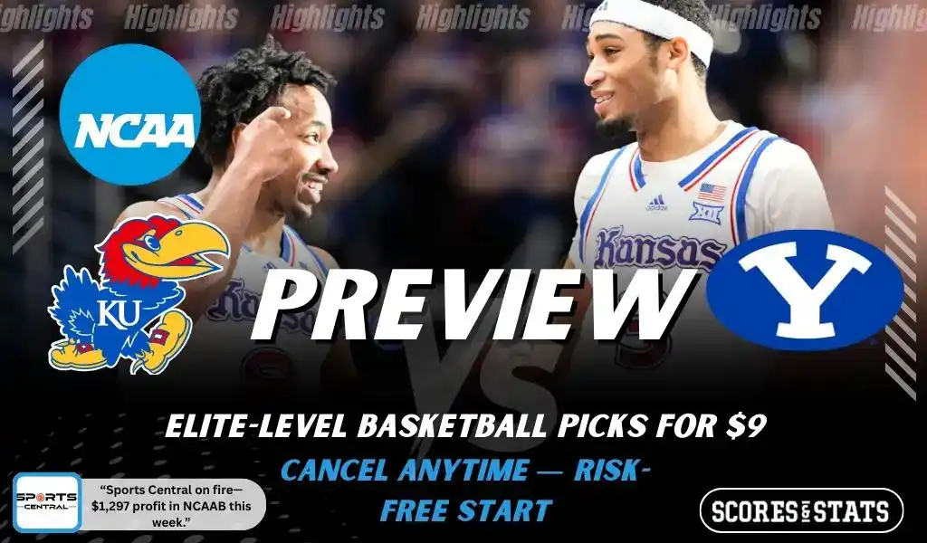 Kansas Jayhawks vs BYU Cougars preview graphic with both team logos, “Picks and Predictions” label, and Kansas Jayhawks basketball action background (January 31, 2026).