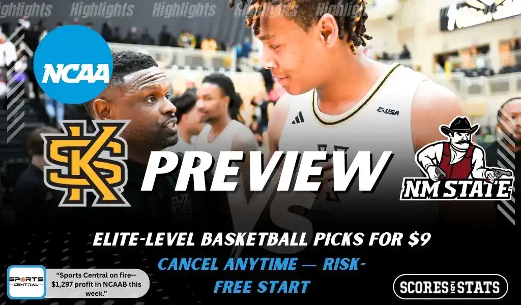 Kennesaw State Owls vs New Mexico State Aggies preview graphic with both team logos, “Picks and Predictions” label, and Kennesaw State basketball action background (January 31, 2026).