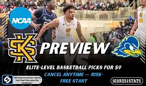 NCAA basketball preview graphic for Kennesaw State Owls vs Delaware Fightin Blue Hens with team logos game photo and the word Preview for January 4 2026