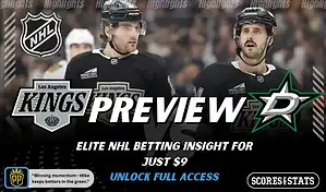 Los Angeles Kings versus Dallas Stars NHL preview graphic with team logos and Scores and Stats branding January 12 2026