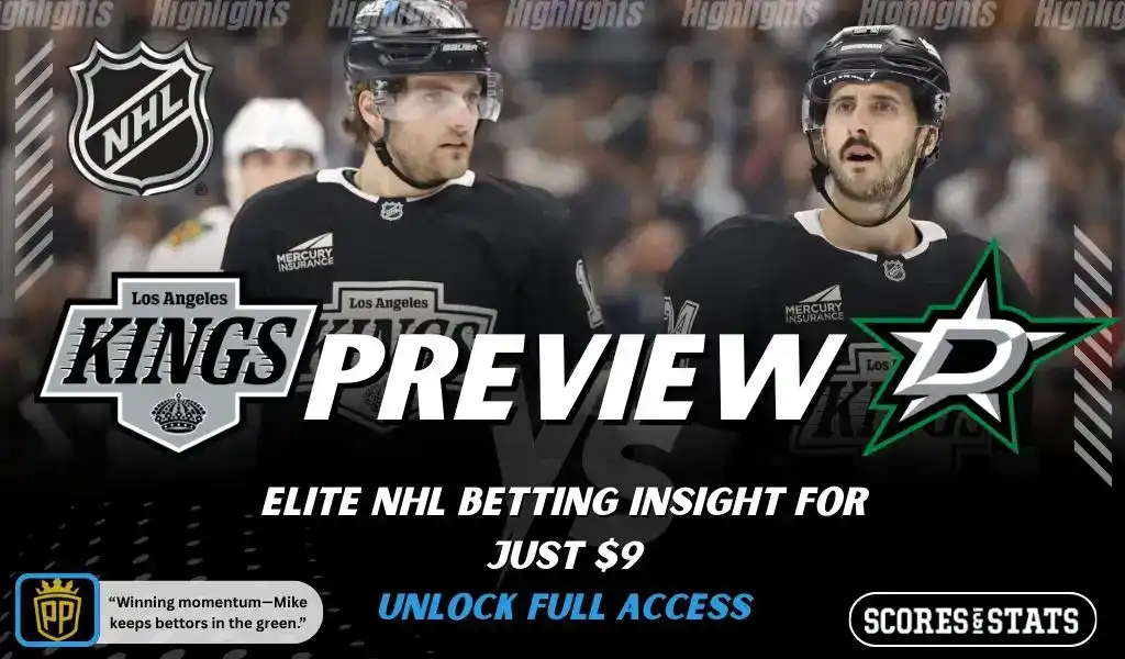 Los Angeles Kings versus Dallas Stars NHL preview graphic with team logos and Scores and Stats branding January 12 2026