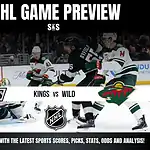 NHL game preview featuring the Kings vs. Wild, with action shots of players competing on the ice. Team logos and details included.