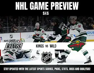 NHL game preview featuring the Kings vs. Wild, with action shots of players competing on the ice. Team logos and details included.