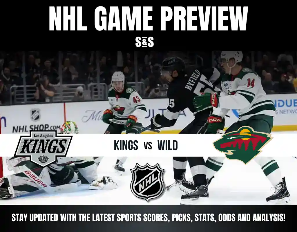 NHL game preview featuring the Kings vs. Wild, with action shots of players competing on the ice. Team logos and details included.