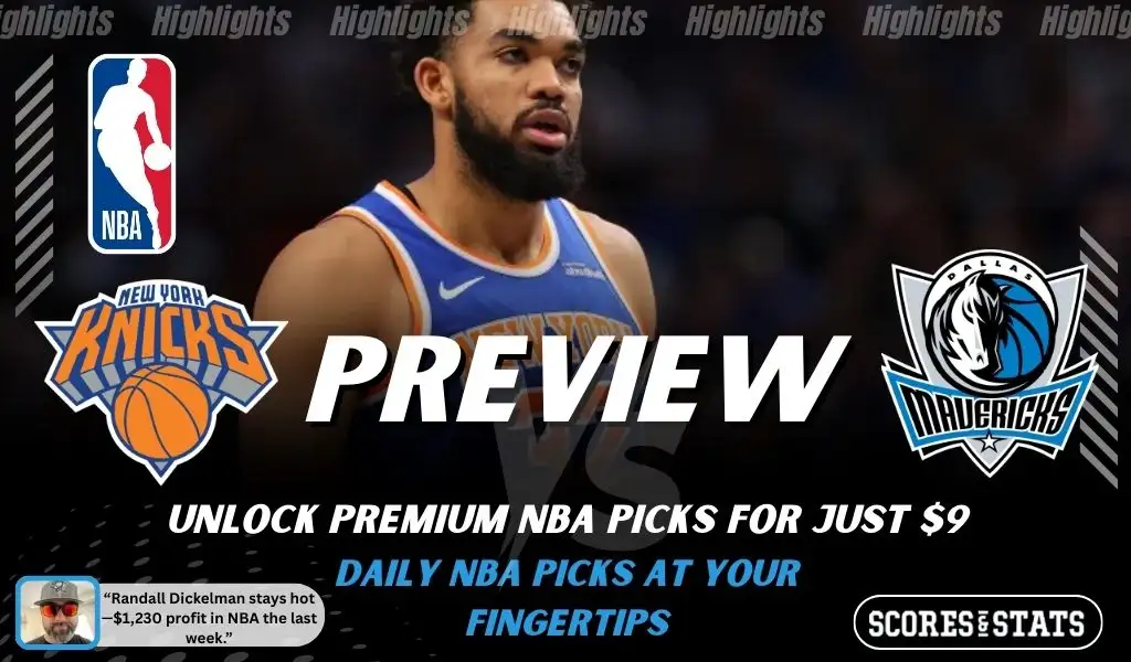 New York Knicks vs Dallas Mavericks NBA preview graphic with a Knicks player close up and both team logos for January 19 2026