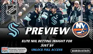 Seattle Kraken vs New York Islanders NHL preview graphic showing Kraken players celebrating with both team logos for January 21 2026