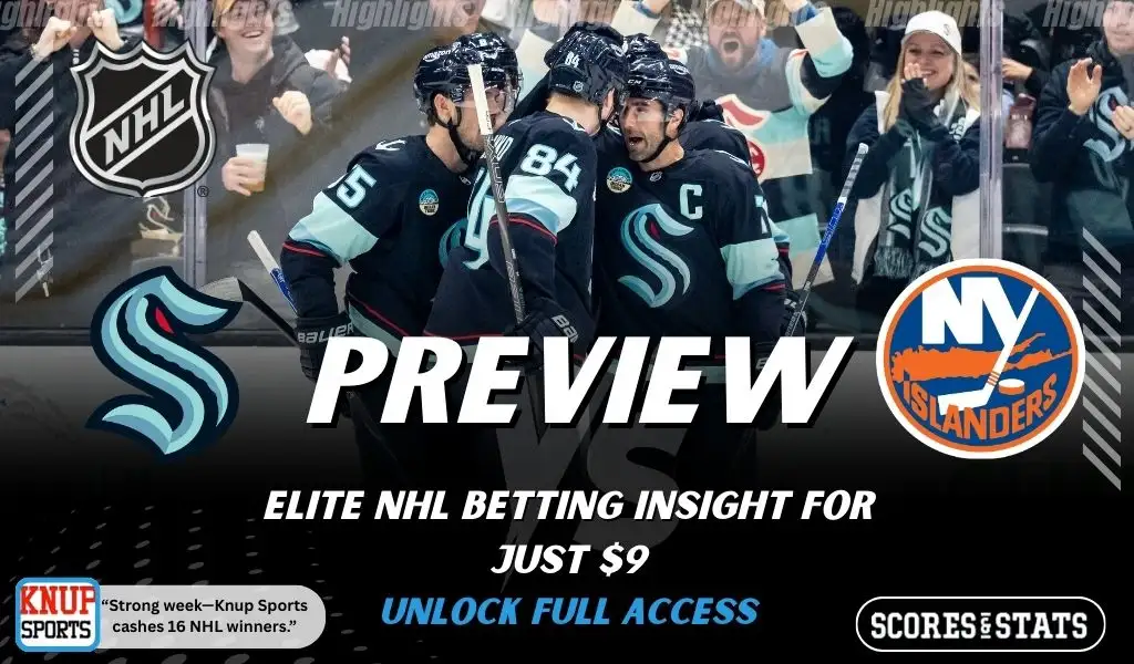 Seattle Kraken vs New York Islanders NHL preview graphic showing Kraken players celebrating with both team logos for January 21 2026