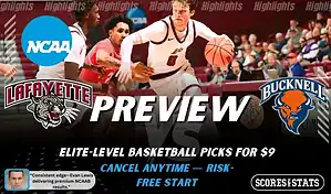 Lafayette Leopards versus Bucknell Bison college basketball preview graphic with team logos and Scores and Stats branding January 14 2026