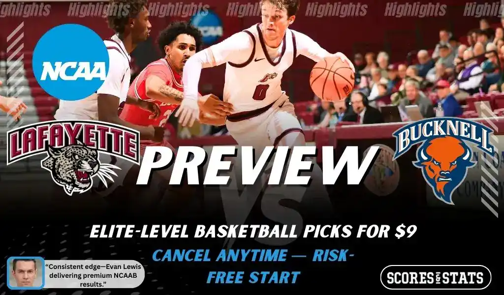Lafayette Leopards versus Bucknell Bison college basketball preview graphic with team logos and Scores and Stats branding January 14 2026