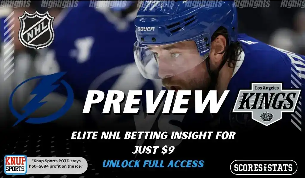 NHL preview graphic featuring Tampa Bay Lightning and Los Angeles Kings logos with a closeup of a Lightning player and the word preview across the center