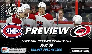NHL preview graphic featuring Montreal Canadiens vs. Carolina Hurricanes logos with a closeup of a Lightning player and the word preview across the center
