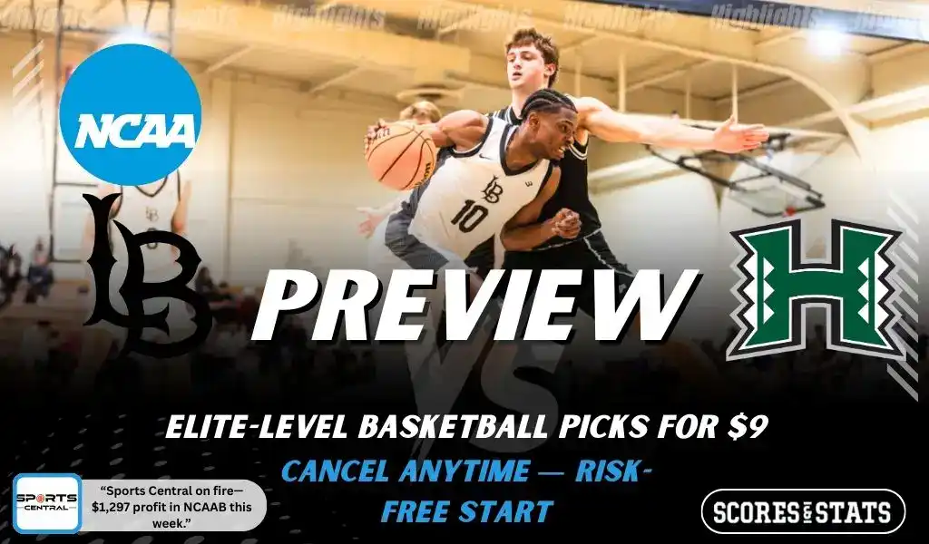 Long Beach State Beach vs Hawaii Rainbow Warriors preview graphic with both team logos, “Picks and Predictions” label, and Long Beach State basketball action background (January 31, 2026).