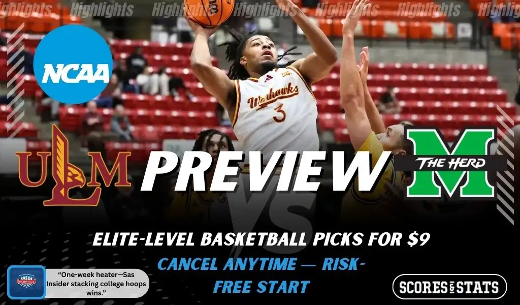 Louisiana Monroe Warhawks vs Marshall Thundering Herd college basketball preview graphic showing a Warhawks player going up for a layup with both team logos for January 22 2026