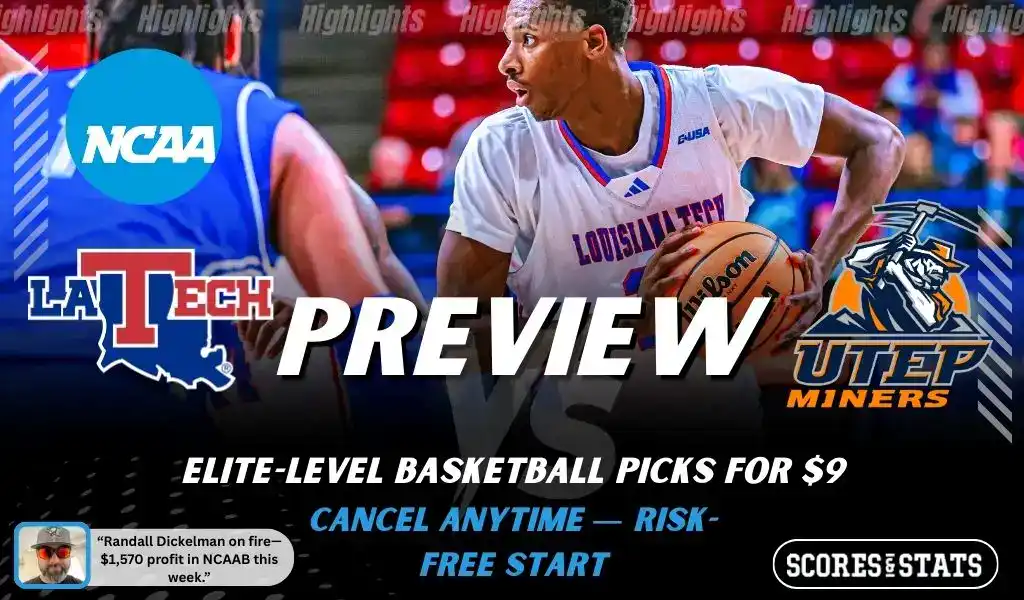 Louisiana Tech Bulldogs vs UTEP Miners preview graphic with team logos and NCAA branding for picks and predictions on January 28 2026