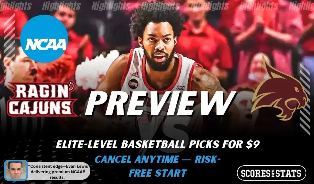 Louisiana Ragin Cajuns vs Texas State Bobcats basketball preview graphic with team logos and a player dribbling in the background