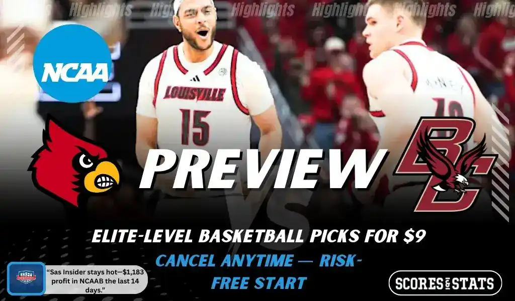 Louisville Cardinals versus Boston College Eagles college basketball preview graphic with team logos and Scores and Stats branding January 10 2026