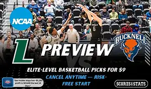 Loyola Maryland Greyhounds versus Bucknell Bison college basketball preview graphic with team logos and Scores and Stats branding January 10 2026