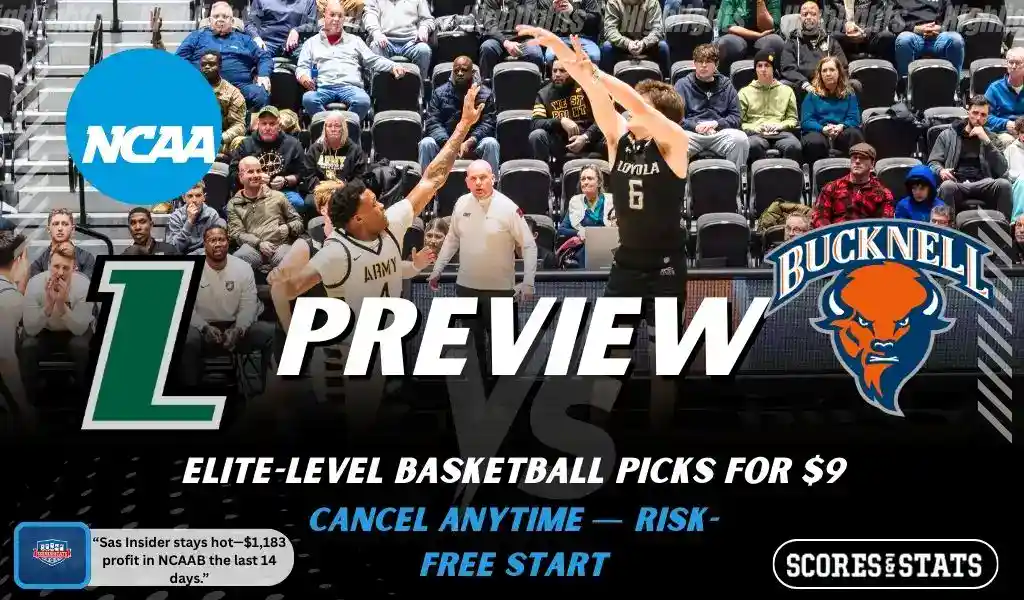 Loyola Maryland Greyhounds versus Bucknell Bison college basketball preview graphic with team logos and Scores and Stats branding January 10 2026