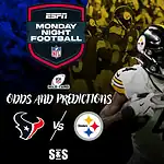 Two NFL players representing the Texans and Steelers, with team logos and "Monday Night Football" branding in the background.