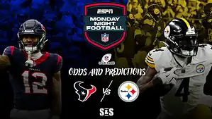 Two NFL players representing the Texans and Steelers, with team logos and "Monday Night Football" branding in the background.