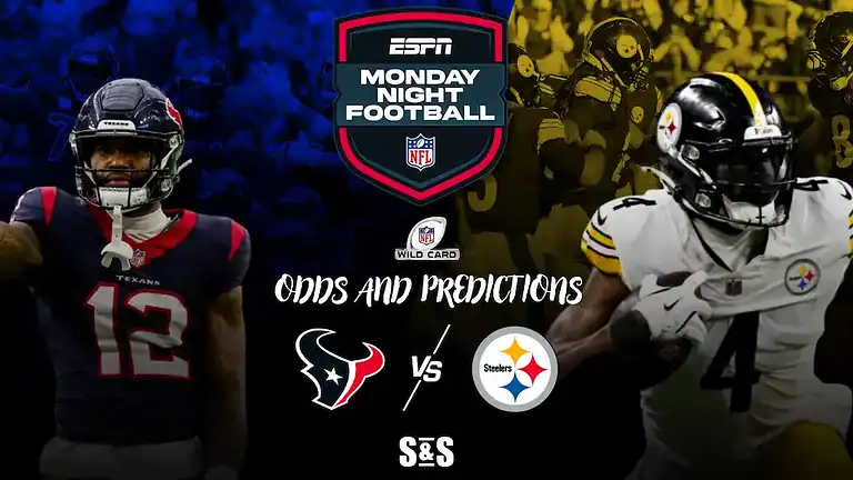 Two NFL players representing the Texans and Steelers, with team logos and "Monday Night Football" branding in the background.