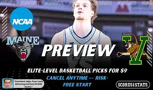 Maine Black Bears vs Vermont Catamounts basketball preview graphic with Maine and Vermont logos and a player close up in the background