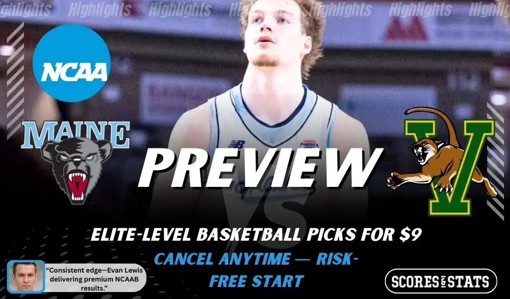 Maine Black Bears vs Vermont Catamounts basketball preview graphic with Maine and Vermont logos and a player close up in the background