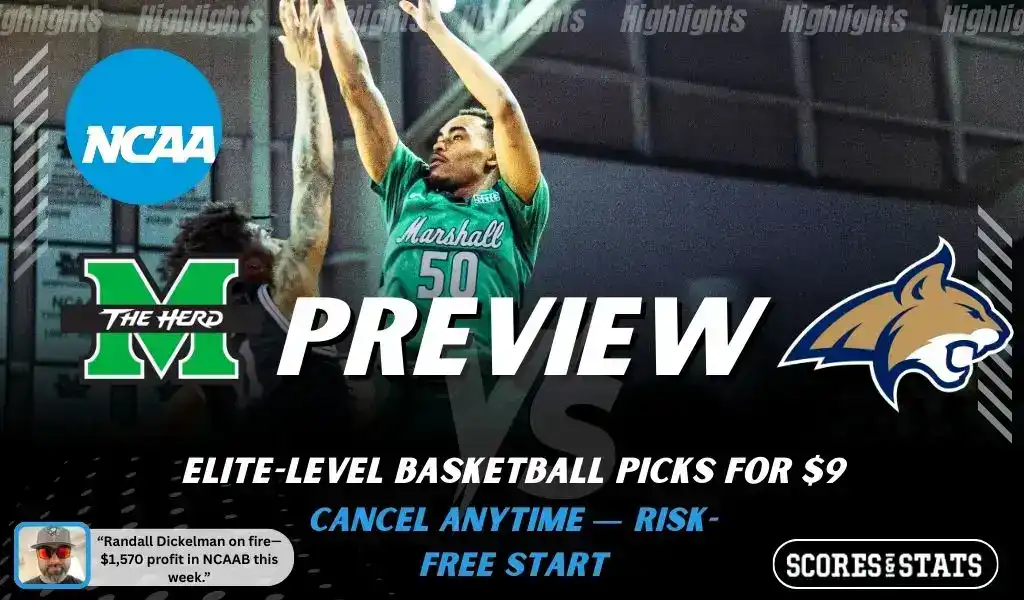 Marshall Thundering Herd vs Texas State Bobcats preview graphic with team logos and NCAA branding promoting college basketball picks and predictions for January 28 2026
