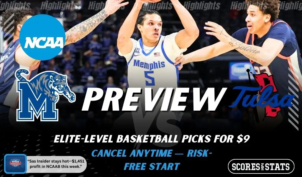 Memphis Tigers vs Tulsa Golden Hurricane college basketball preview graphic with a Memphis player holding the ball and both team logos for January 21 2026