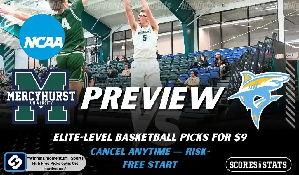 NCAA basketball preview graphic for Mercyhurst Lakers vs LIU Sharks with both team logos, game action photo, and “Preview” text for January 8 2026