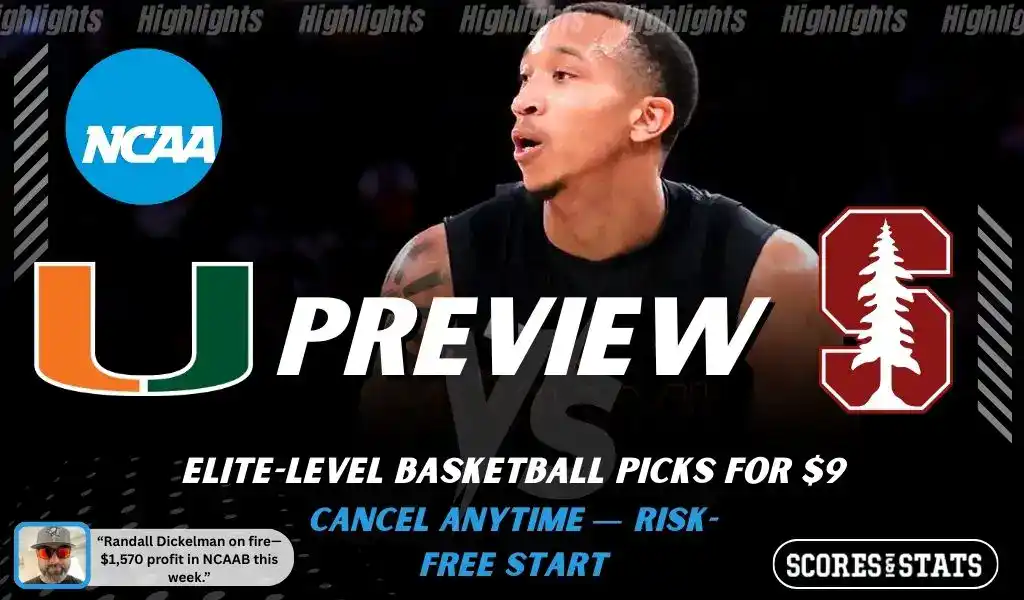 Miami Hurricanes vs Stanford Cardinal preview graphic with team logos and NCAA branding promoting college basketball picks and predictions for January 28 2026