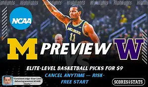 Michigan Wolverines vs Washington Huskies basketball preview graphic with Michigan player and team logos