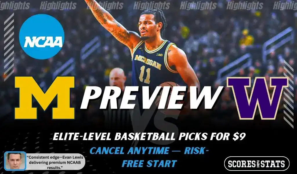 Michigan Wolverines vs Washington Huskies basketball preview graphic with Michigan player and team logos