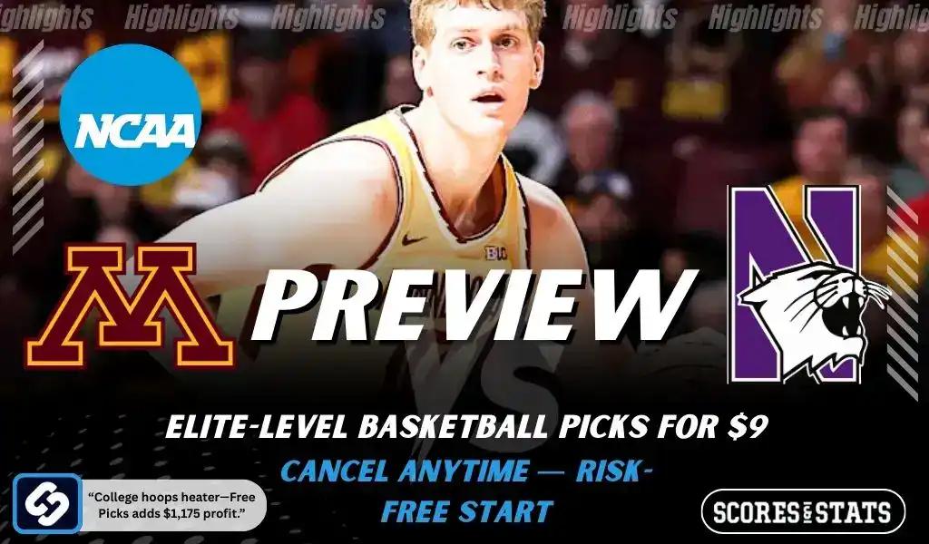 NCAA basketball preview graphic for Minnesota Golden Gophers vs Northwestern Wildcats with team logos a player photo and the word Preview for January 3 2026
