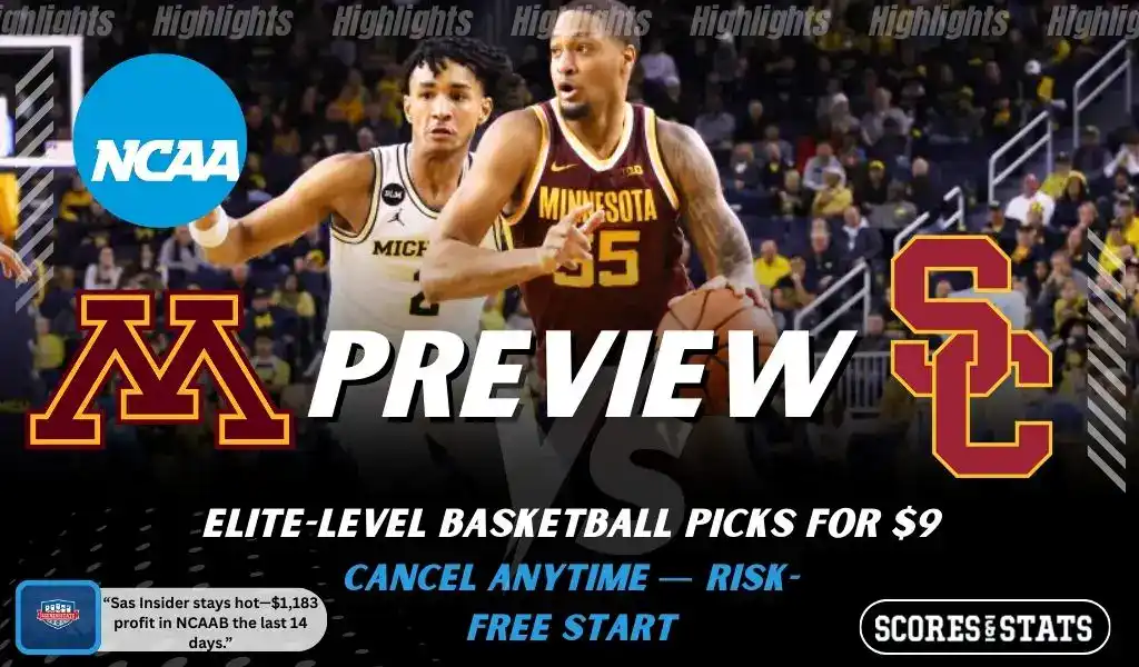 NCAA basketball preview graphic for Minnesota Golden Gophers vs USC Trojans featuring action photo, both team logos, and “Preview” text for Jan 9, 2026